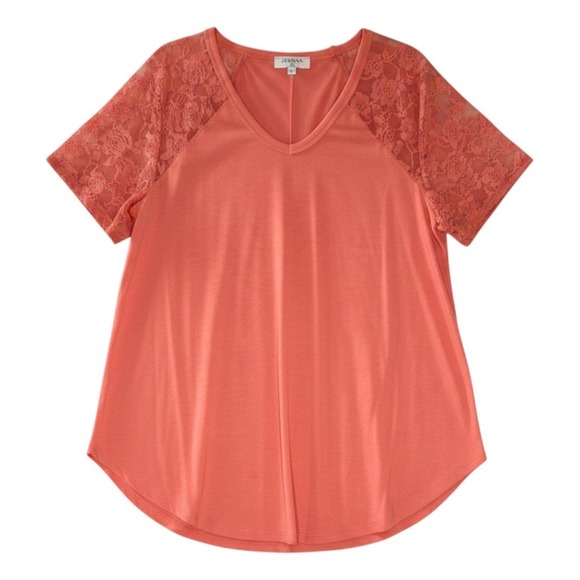 Zenana Tops - Zenana Lace Sleeve V-Neck Top Coral - Size 1X (NEW)